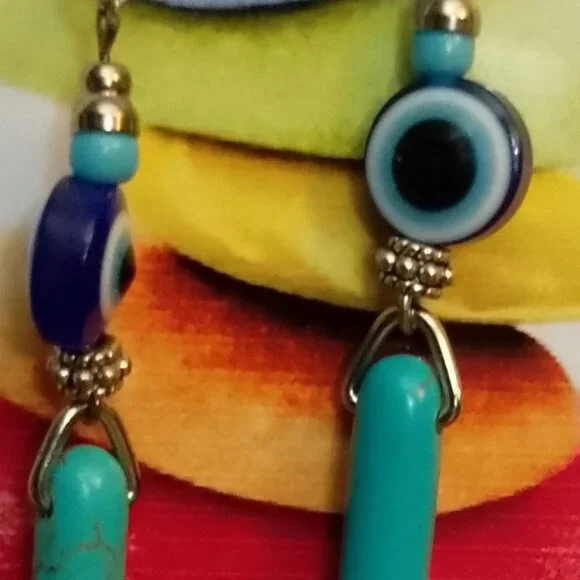 EVIL EYE WARD EARRINGS, BLUE MAGNESITE SPEARS, SILVERY ACCENTS - Picture 3 of 6
